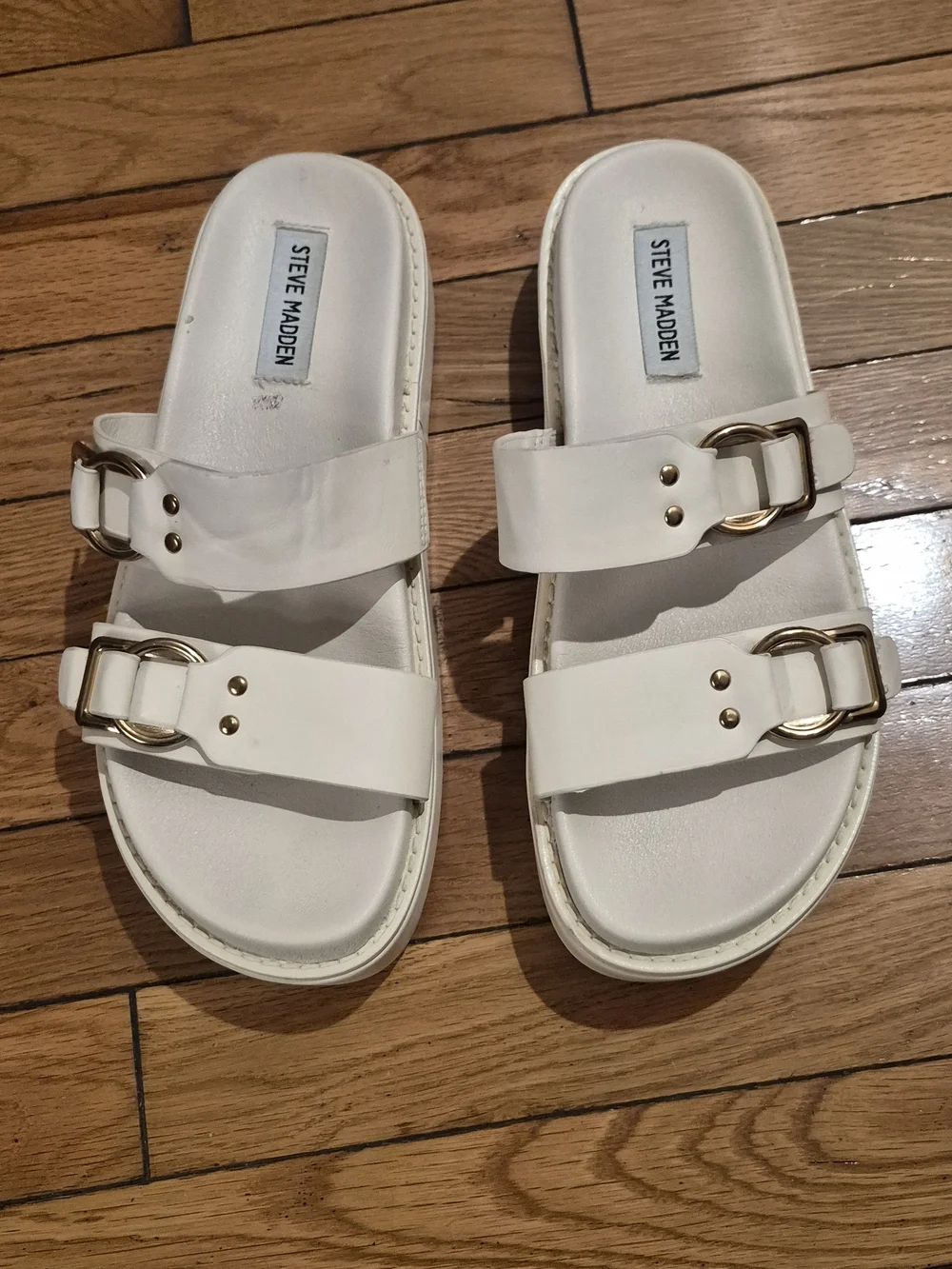 Steve Madden White Double Buckle Slide Sandals